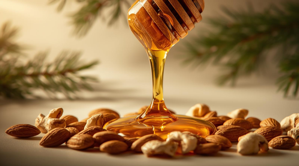 Honey being drizzled from a wooden honey dipper onto almonds with a blurred natural background